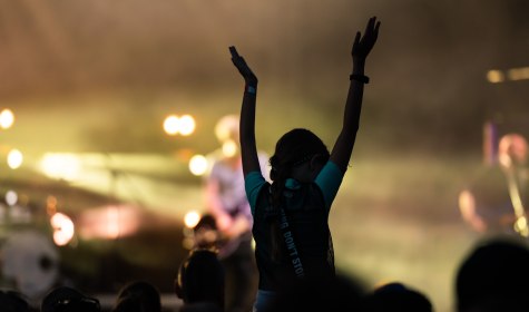 Zu sehen ist das Publikum auf einem Festival. Eine Frau sitzt auf den Schultern eines anderen Menschen und reckt die Hände in die Luft., © stock.adobe.com - Dziurek 